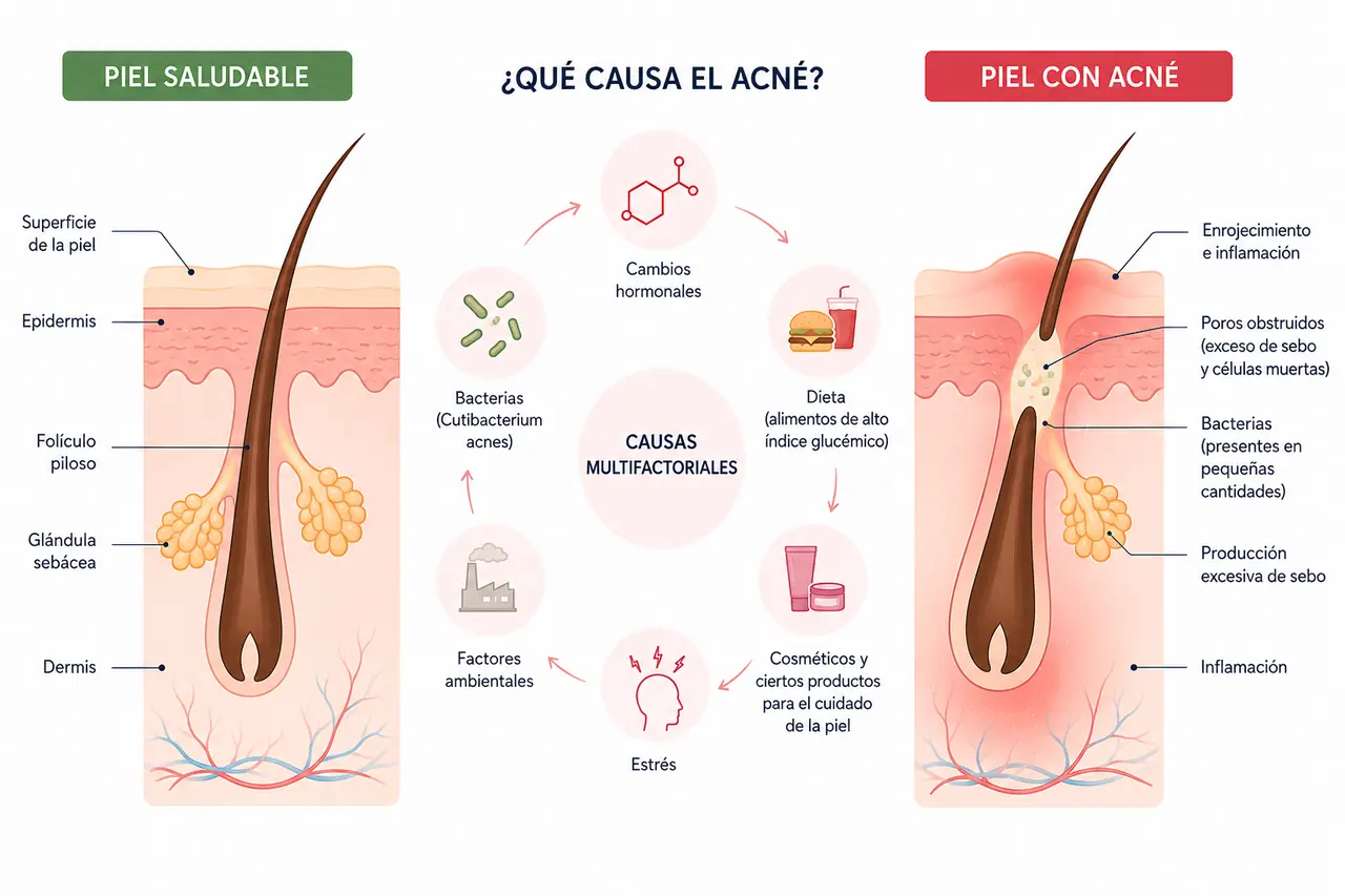 Infografía: corte transversal de una piel saludable y de una piel con acné, una junto a la otra, y en el centro las causas multifactoriales que influyen en el acné: cambios hormonales, dieta, cosméticos, estrés, factores ambientales y la bacteria Cutibacterium acnes