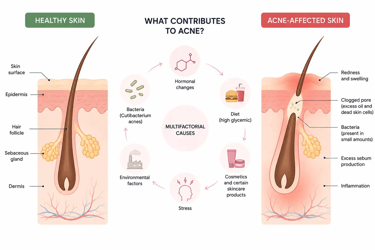 Infographic: cross-sections of healthy skin and acne-affected skin side by side, with the multifactorial causes of acne in the centre – hormonal changes, diet, cosmetics, stress, environmental factors and the bacterium Cutibacterium acnes