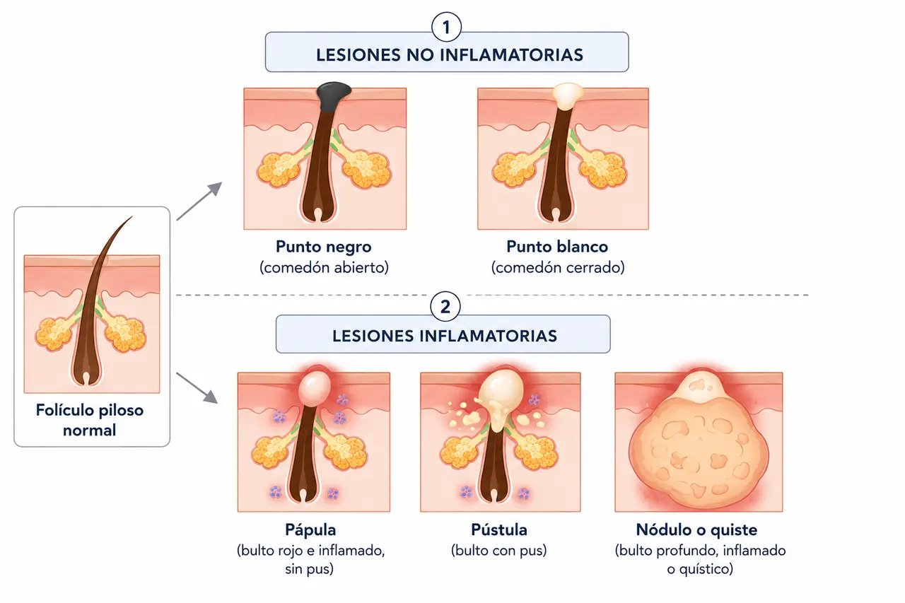 Infografía sobre las lesiones del acné: junto a un folículo piloso normal, dibujo en corte transversal del punto negro y el punto blanco no inflamatorios, y de la pápula, la pústula y el nódulo o quiste inflamatorios