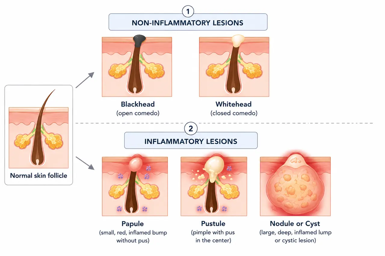 Infographic of acne lesions: next to a normal skin follicle, cross-section drawings of the non-inflammatory blackhead and whitehead, and the inflammatory papule, pustule and nodule or cyst