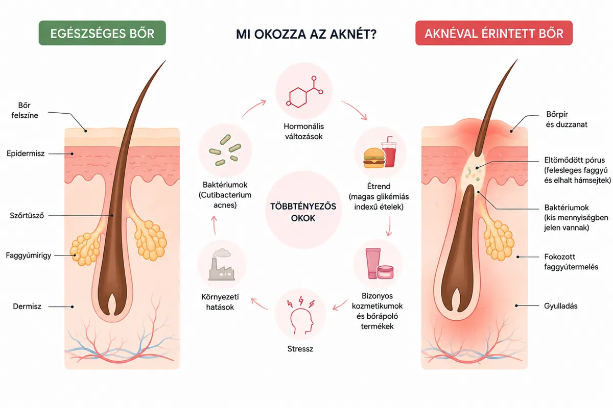 Infografika: egészséges bőr és aknéval érintett bőr keresztmetszete egymás mellett, középen az aknét befolyásoló többtényezős okok – hormonális változások, étrend, kozmetikumok, stressz, környezeti hatások és a Cutibacterium acnes baktérium