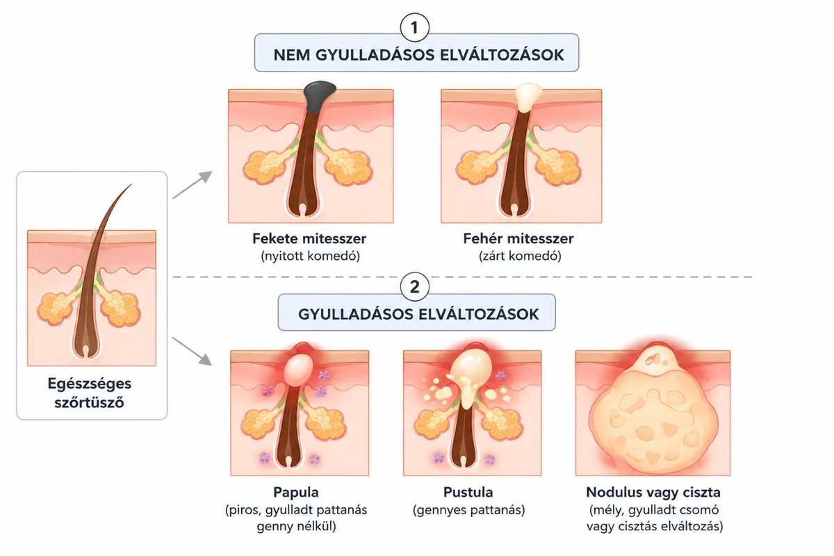 Infografika az aknés elváltozásokról: egészséges szőrtüsző mellett a nem gyulladásos fekete és fehér mitesszer, valamint a gyulladásos papula, pustula és nodulus vagy ciszta keresztmetszeti rajza