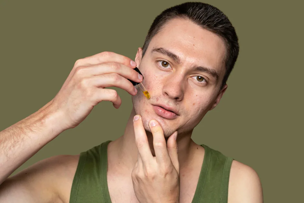 Young man applying serum with a dropper to his chin, where a few inflamed pimples are visible