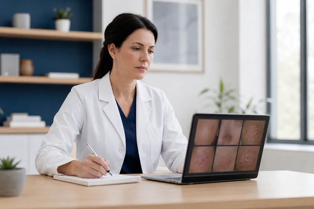 A dermatologist in a white coat assessing skin photos submitted by a patient on a laptop and making notes