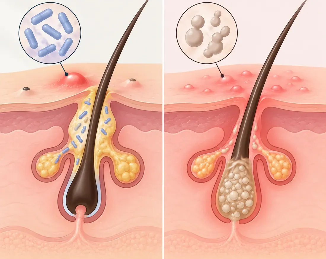 Cross-sectional drawings of two hair follicles side by side: on the left acne, where bacteria and sebum block the follicle beneath a large inflamed spot, and on the right fungal acne, where yeasts fill the follicle and many small, uniform red lesions are visible on the skin surface