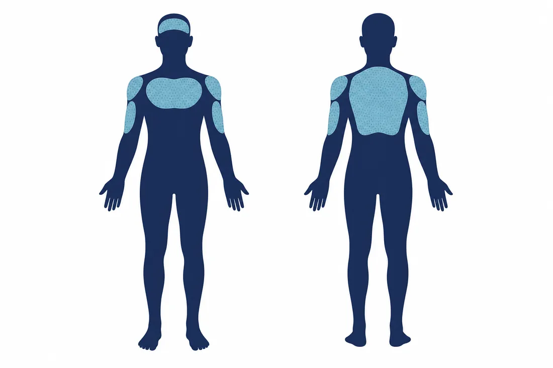 The human body seen from the front and from the back, highlighting the most common areas of fungal acne: forehead and hairline, chest, shoulders, upper arms and the upper back