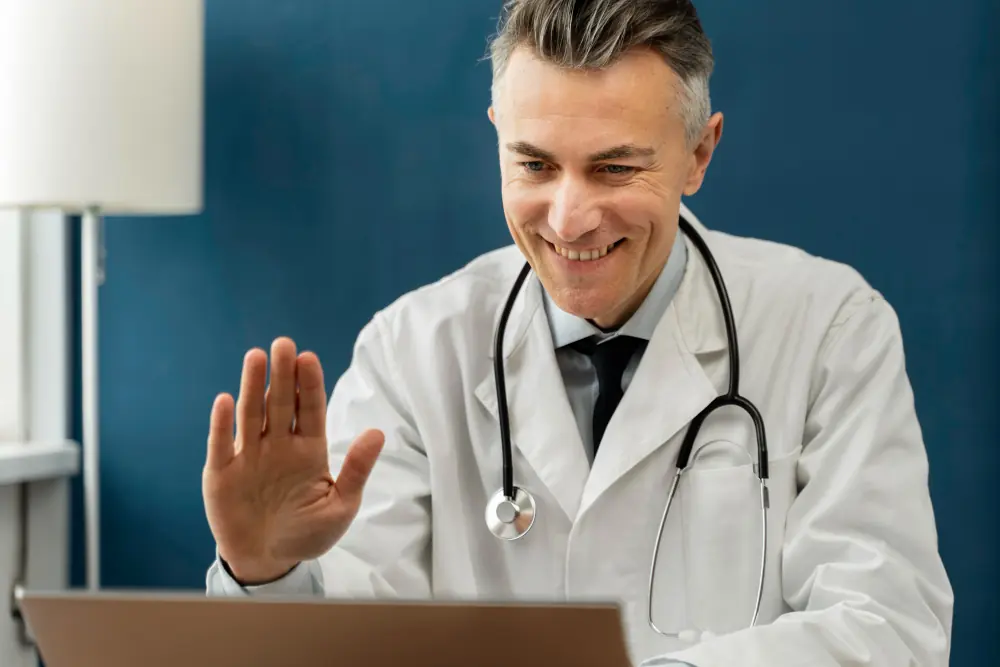 Smiling, grey-haired doctor in a white coat with a stethoscope around his neck waving during a video consultation on a laptop screen