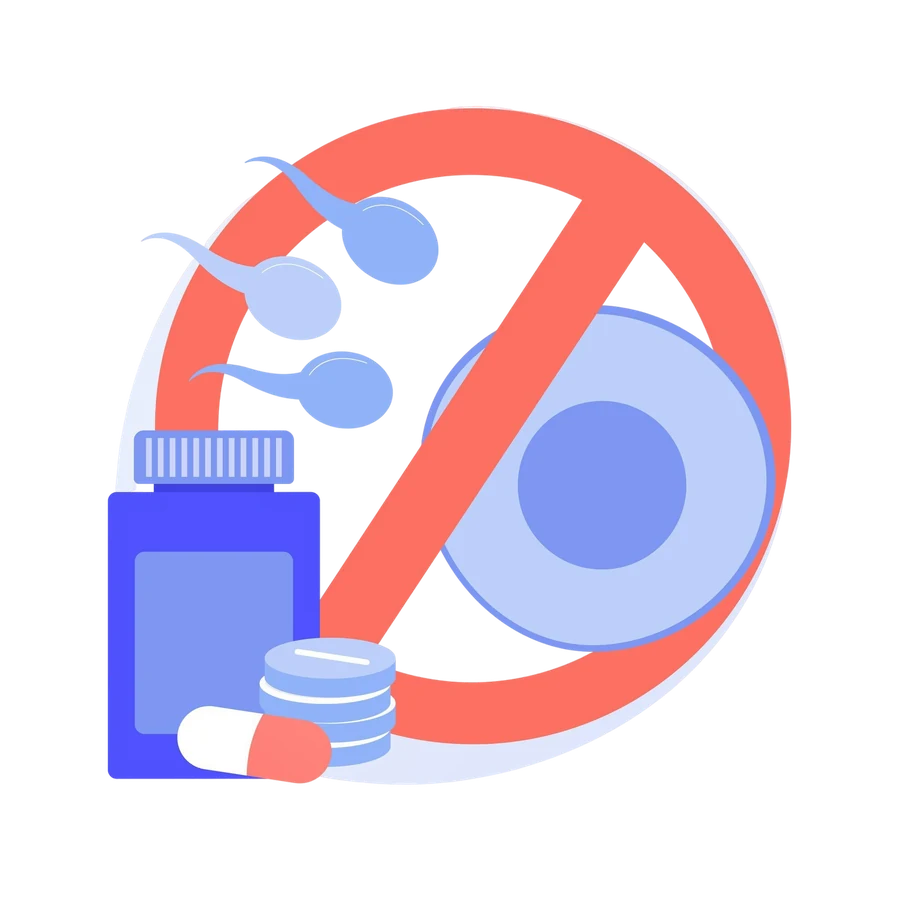 Illustration: a crossed-out prohibition sign with a pill bottle, tablets, sperm cells and an egg cell – emergency contraception prevents pregnancy but does not end an existing one